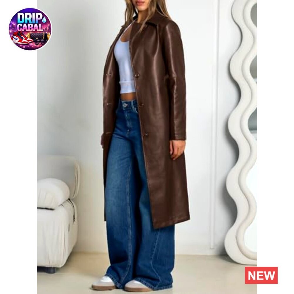 Faux Leather Trench Coat Long Lapel Open Front Belted Chic Elegant Peacoat - Picture 3 of 6